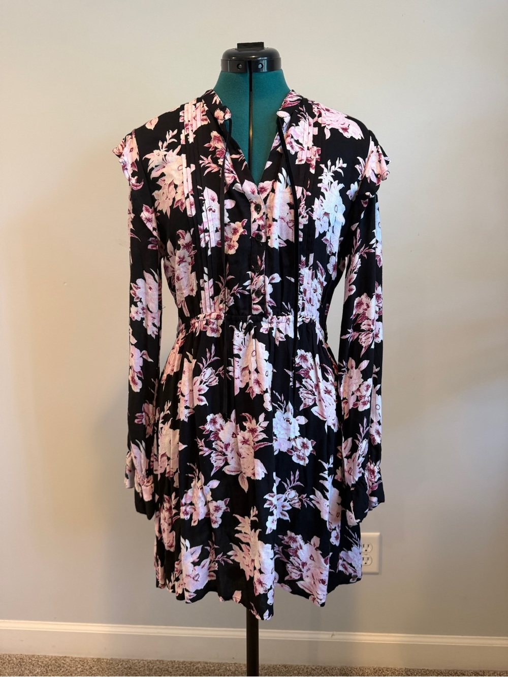 Volcom Black Floral Long-Sleeve Smock Dress with Pink Flowers